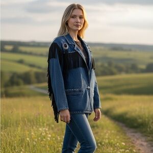 Vintage Denim Jacket with Black Fringe and silver Stud embellishments